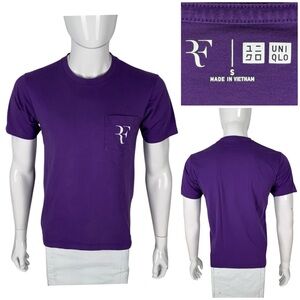 Uniqlo x Roger Federer RF Mens Small Shirt Tee Purple Tennis Short Sleeve Pocket